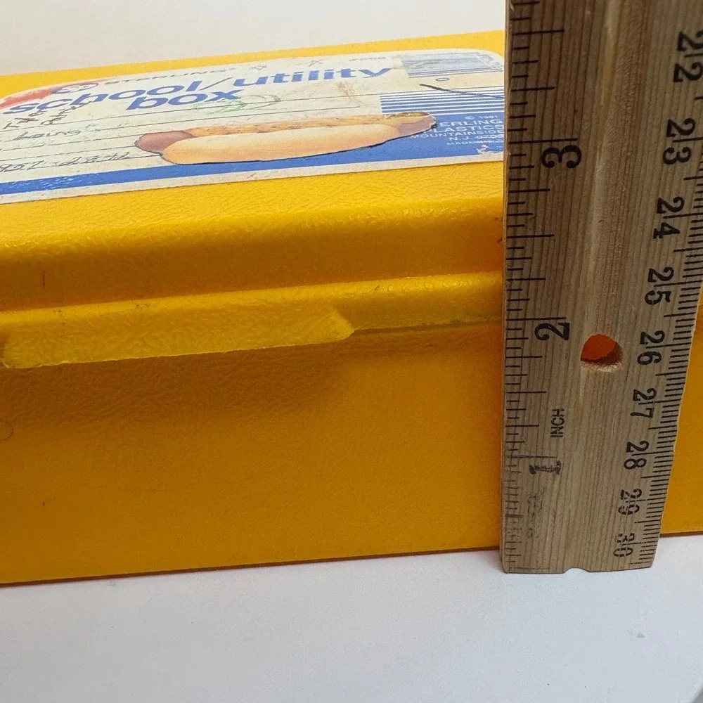 1980s Sterling Plastics Yellow School Utility Box 268 Hot‎ Dog Label 1981 USA